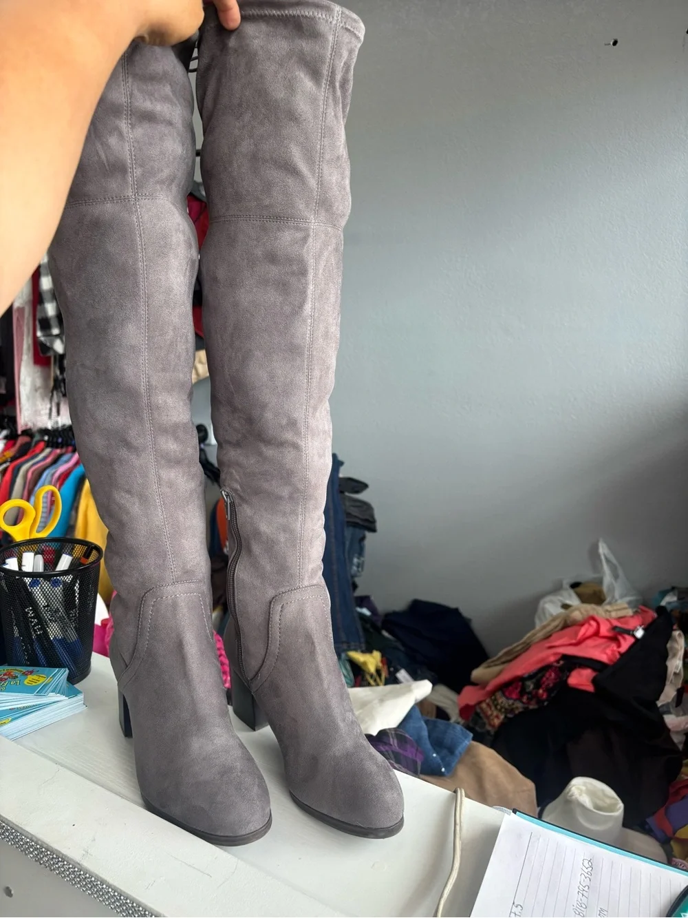 Aldo Gray Suede Over-the-Knee Block Heel Boots
